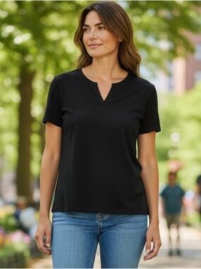 Talbots Tee Black MP Short Sleeve V Notch Neck Pima Cotton T-Shirt Soft Preppy